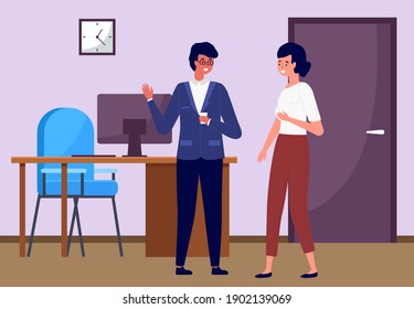 Businessmen office workers, friendly communication at workplace. Man and woman cartoon characters. Employees standing and talking together. Company staff cooperation, business project planning