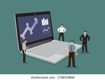 Businessmen and office workers study and analysis the infographic and data of their business and investment. Concept of teamwork, corporate technology or big data. Flat vector illustration.