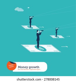 Businessmen on 100 dollar bills with spyglasses. Vector illustration Eps10 file. Global colors. Text and Texture in separate layers.