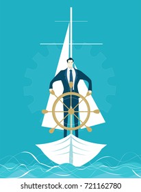 Businessmen on the boat holding the steering wheel. Winning and leading concept