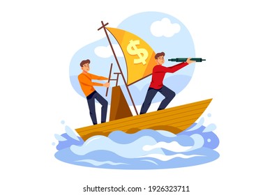 Businessmen on boat watching through telescope. Flat illustration isolated on white background.