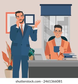 businessmen on call while drinking morning coffee in the office in a flat illustration