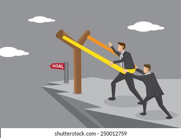 Businessmen on dangerous cliff putting themselves on gigantic Y-shaped slingshot catapult, aiming for business goal. Creative concept vector illustration.