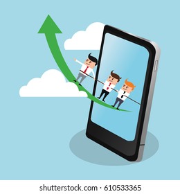 businessmen on growth arrow coming out of cellphone related icon