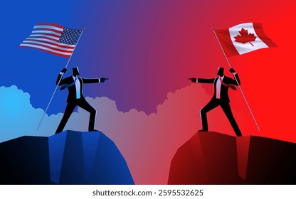 Businessmen on opposing cliffs, holding the national flags of the United States and Canada pointing at each other. Symbols of geopolitical tensions and trade policies between the two countries