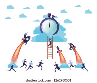 businessmen on rocket and clock avatar character