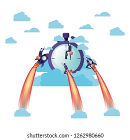 businessmen on rocket and clock avatar character