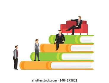 Businessmen on a stack of books. Concept of business education, online courses, e-learning or tutorials. Flat isolated vector illustration.