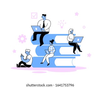 Businessmen on a stack of books. Concept of business education, online courses, e-learning or tutorials. Flat isolated vector illustration. Cartoon style flat vector illustration.