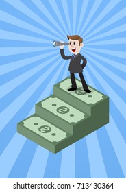 Businessmen on the stairs looking with the telescope for business opportunities. Business concept illustration