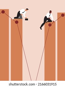 Businessmen On Stock Market And Exchange. Flat Vector Stock Illustration. Graph, Infographic Or Economic Chart With Collapse Of Financial Resource. Bridging Divide