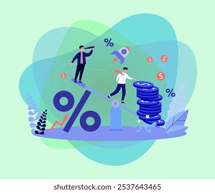 Hombres de negocios en balanzas de oscilación de Ilustración vectorial. Símbolo de porcentaje subiendo mientras el dinero cae, gente preocupada por las finanzas y las inversiones. Luchar contra la inflación, aumentar el concepto de tasas de interés