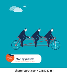 Businessmen on tandem bike with money sign. Vector illustration Eps10 file. Global colors. Text and Texture in separate layers.