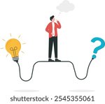 Businessmen on the thinking bubble connect question marks to lightbulb solutions. Problem solving skill, critical thinking or finding solution to problems, answering questions, creativity or imaginati