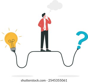 Businessmen on the thinking bubble connect question marks to lightbulb solutions. Problem solving skill, critical thinking or finding solution to problems, answering questions, creativity or imaginati