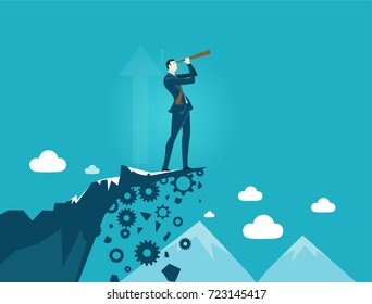 Businessmen on top on the mountain in very risky situation with possible falls looking with the telescope to the other side of the canyon. Risk in business concept illustration
