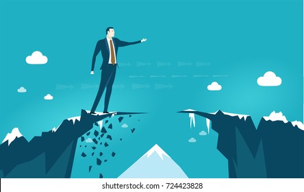 Businessmen on top on the mountain in very risky situation with possible falls pointing to the other side of the canyon. Risk in business concept illustration