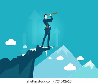 Businessmen on top on the mountain in very risky situation with possible falls looking with the telescope to the other side of the canyon. Risk in business concept illustration