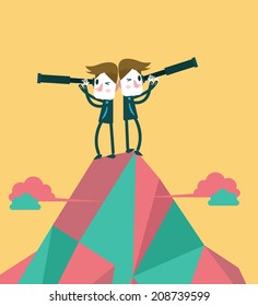  Businessmen on the top peak with telescope. Concept of business vision and teamwork. vector illustration