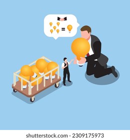 businessmen with one big idea vs many small ideas light bulbs isometric 3d vector illustration concept for banner, website, illustration, landing page, flyer, etc.