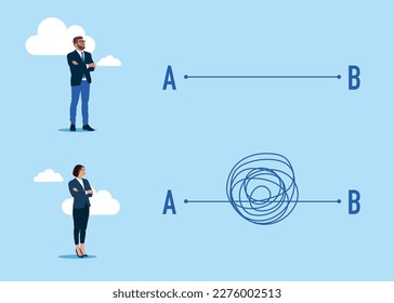 Businessmen one with clear plans the other with chaotic plans. Modern vector illustration in flat style