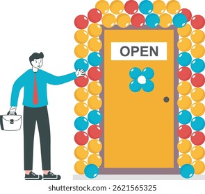 Empresários abrem um novo escritório ou loja. A porta da frente está decorada com balões e com o sinal "Aberto". Vetor, ilustração, plano

