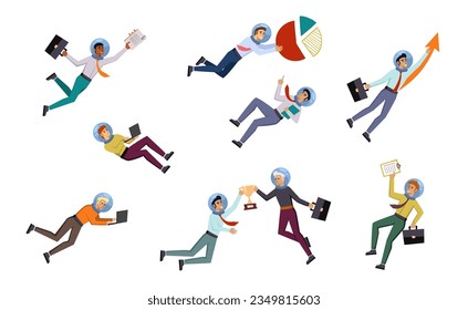 businessmen in outer space. office characters in astronaut helmets dressed in casual style flying in galaxy. vector cartoon charcters set.