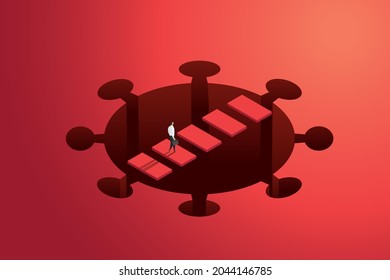 Businessmen overcome germs by walk over pass COVID-19, coronavirus outbreak. Leadership concept overcome business, financial and economic crises. isometric vector illustration.