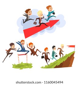 Businessmen Overcoming Obstacles Together To Achieving The Goals, Teamwork, Business, Career Development Concept Vector Illustration Isolated On A White Background