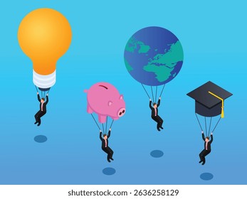 Businessmen parachute with a lightbulb ideas, a piggy bank savings, a globe globalization, and a graduation cap education, symbolizing diverse life and career pursuits isometric 3d vector illustration