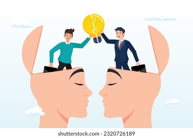 Businessmen partner open their head to connect light bulb jigsaw, understanding lead to success, agreement or think together to find solution to solve problem, insight or team communication (Vector)