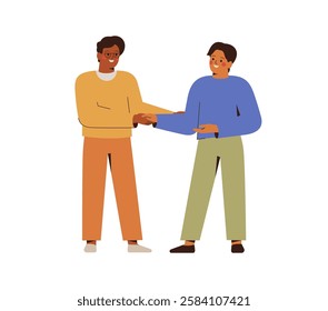 Businessmen partners respectfully shake each other's hands. Handshake between males. Teamwork and corporate communication concept. Vector illustration