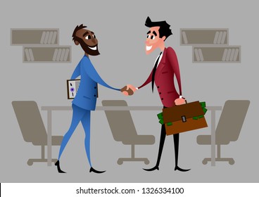 Businessmen partnership beginning. Cartoon charaсter. Partners firmly shaking hands after signing contract agreement closing deal. Flat style vector illustration isolated on office background.