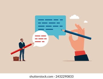 Businessmen with pencil writing message or email on speech bubbles. Urgency tasks. Writing message skill to success. Flat vector illustration.