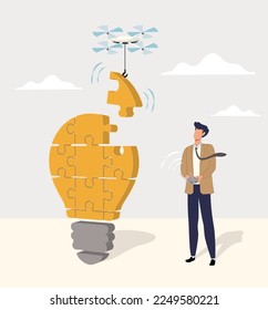 Businessmen with pieces of puzzle. Putting together light bulb shaped puzzle. Business success, innovation or creativity to solve problem, brainstorm or connect idea.