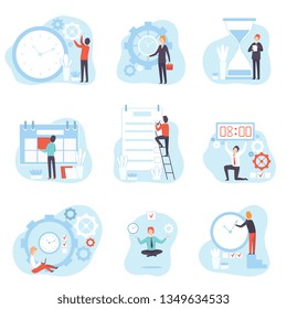 Businessmen Planning and Controlling Working Time Set, Time Management Business Concept Vector Illustration