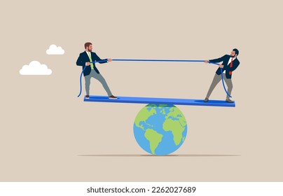 Businessmen play tug of war game standing on scales, pulling opposite ends of rope. People and country confrontation. Modern vector illustration in flat style