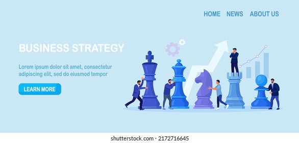 Businessmen playing giant chess and try to find strategic position for business goal. People planning, thinking, discussing strategy, tactics. Successful teamwork, negotiation. Competition, leadership