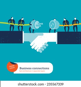 Businessmen with plug and socket on a handshake. Vector illustration Eps10 file. Global colors. Text and Texture in separate layers.