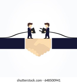 Businessmen with plug and socket on a handshake. Vector illustration.