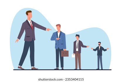 Los hombres de negocios se acusan mutuamente de fracasos. Llanto y detracción, acusación de jefe y colega. Responsabilidad en los negocios. Caricatura de la difamación de los vectores planos y concepto de responsabilidad