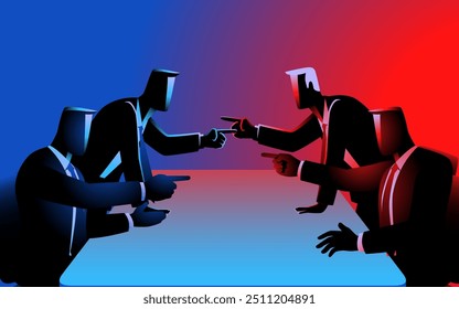 Businessmen pointing at each other in a heated debate during a meeting. Captures the intensity of business disagreements and negotiations