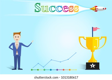 Businessmen are presenting business creation graphs to meet their goals with copy space.Concept of creating business for success.Work for a great goal.Trophy,Award,Champion.Profit.vector illustration