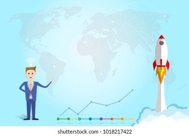 Businessmen are presenting business creation graphs to meet their goals and rocket launch on world map background .Concept of business connections worldwide.Finance.Profit.vector illustration