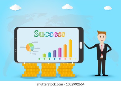 Businessmen are presenting business creation graphs to meet their goals on smartphone.Phone and coins on the world map background.Concept of global business connections.Vector illustration.