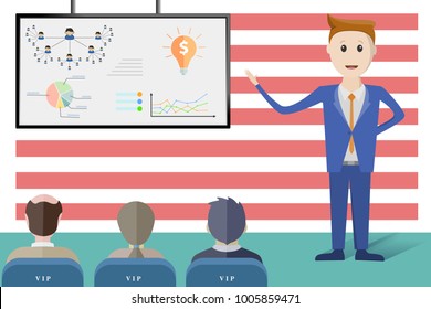 Businessmen are presenting an organizational development plan and marketing on smart TV with important person at office,on american flag background.concept of business in Europe.vector illustration