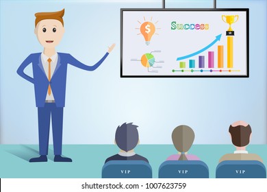 Businessmen are presenting an organizational development plan and marketing on smart TV with partner at office.Concept of Training for success.Business seminar and meeting.Profit.vector illustration