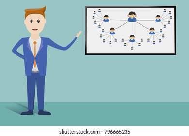 Businessmen are presenting an organizational development plan on a smart TV at the office.Presentation of information for training.Business Seminars.Meeting room.Vector illustration.
