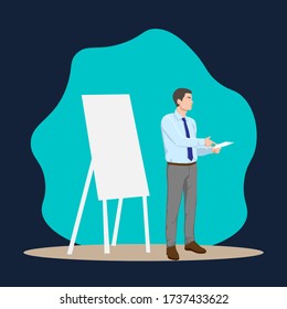 Businessmen are presenting a report on the office chart board. Manager shows items objectives, text, priorities, important data. Presentation. Seminar. Training. Leader. Vector illustration.