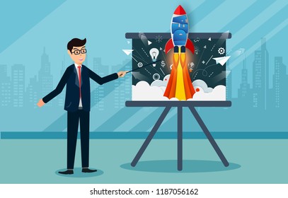Businessmen are presenting a report. space shuttle ejected from the blackboard. creative idea. business finance success concept. leadership. Vector illustration